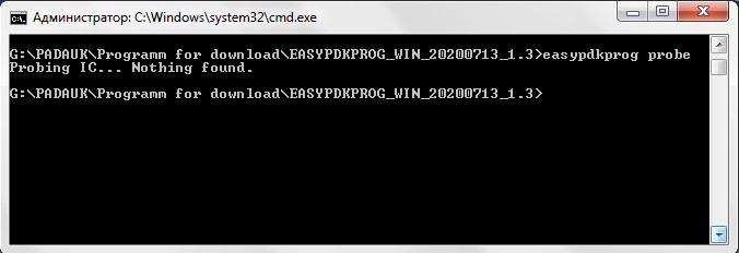 Ответ программы easypdkprog в случае, если она увидела программатор: "Probing IC... Nothing found."
