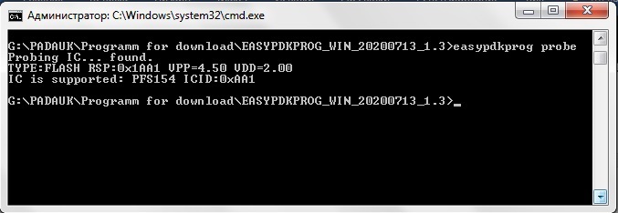 Ответ программы easypdkprog в случае, если она увидела программатор и микроконтроллер: "Probing IC... found."